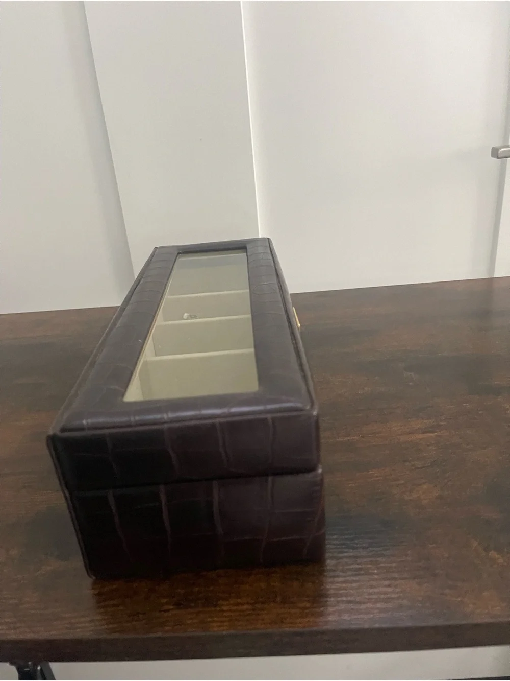 Leather-Look Dark Brown Watch Storage Case with Glass Top
